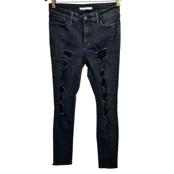 Levi's 711 Skinny Black Distressed Torn Jeans Sz 28 Midrise Stretch 30" Inseam - Picture 3 of 7